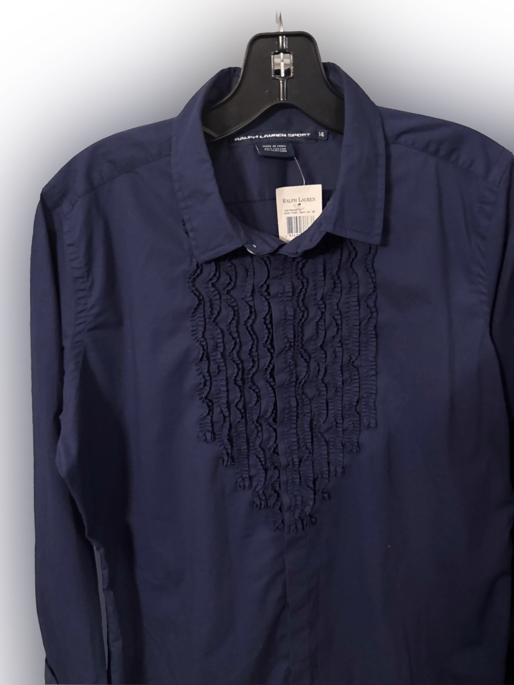 Ralph Lauren Sport Women’s Button Down Shirt Ruffle Front Navy NWT Sz 14